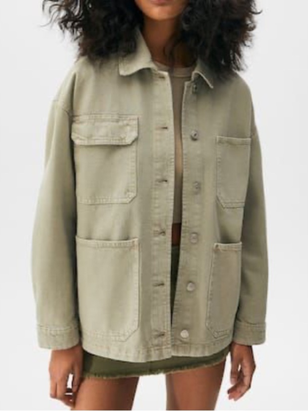 Pull&Bear Khaki Tan Denim Utility Jacket with Patch Pockets Small